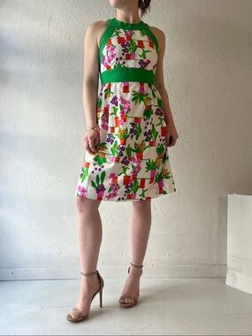 VTG 1960s Malia Honolulu Green Trim Floral Print Halter Dress